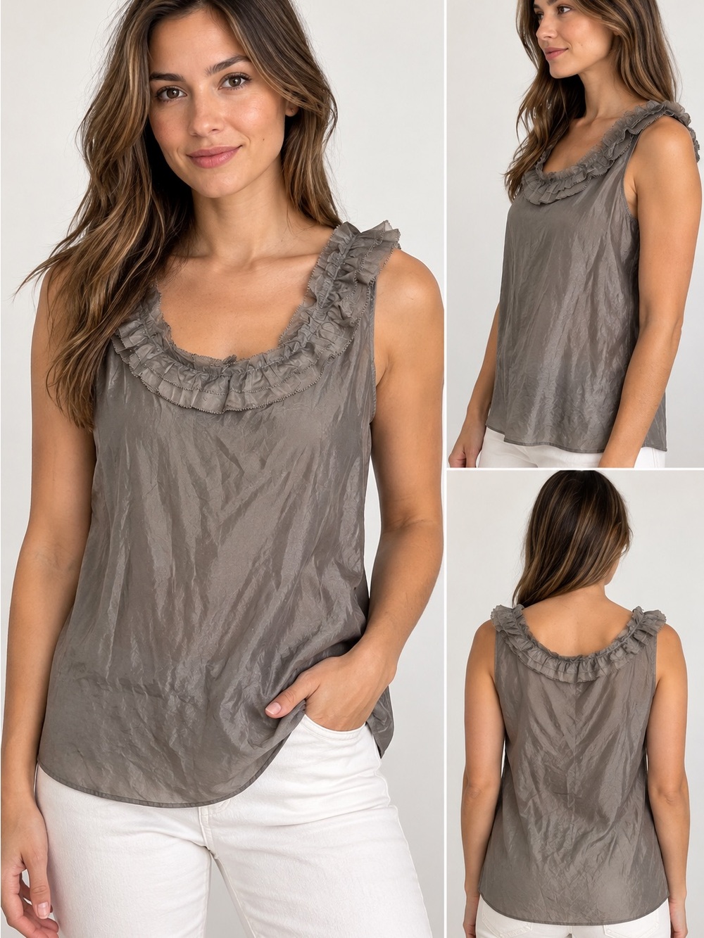 Gap Silk Cotton Ruffle Neck Sleeveless Blouse Gray Size M